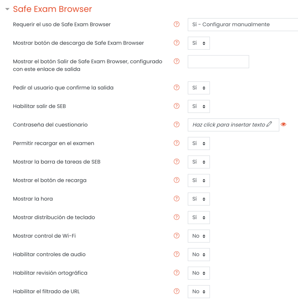 Listado de configuraciones que el administrador puede cambiar.
