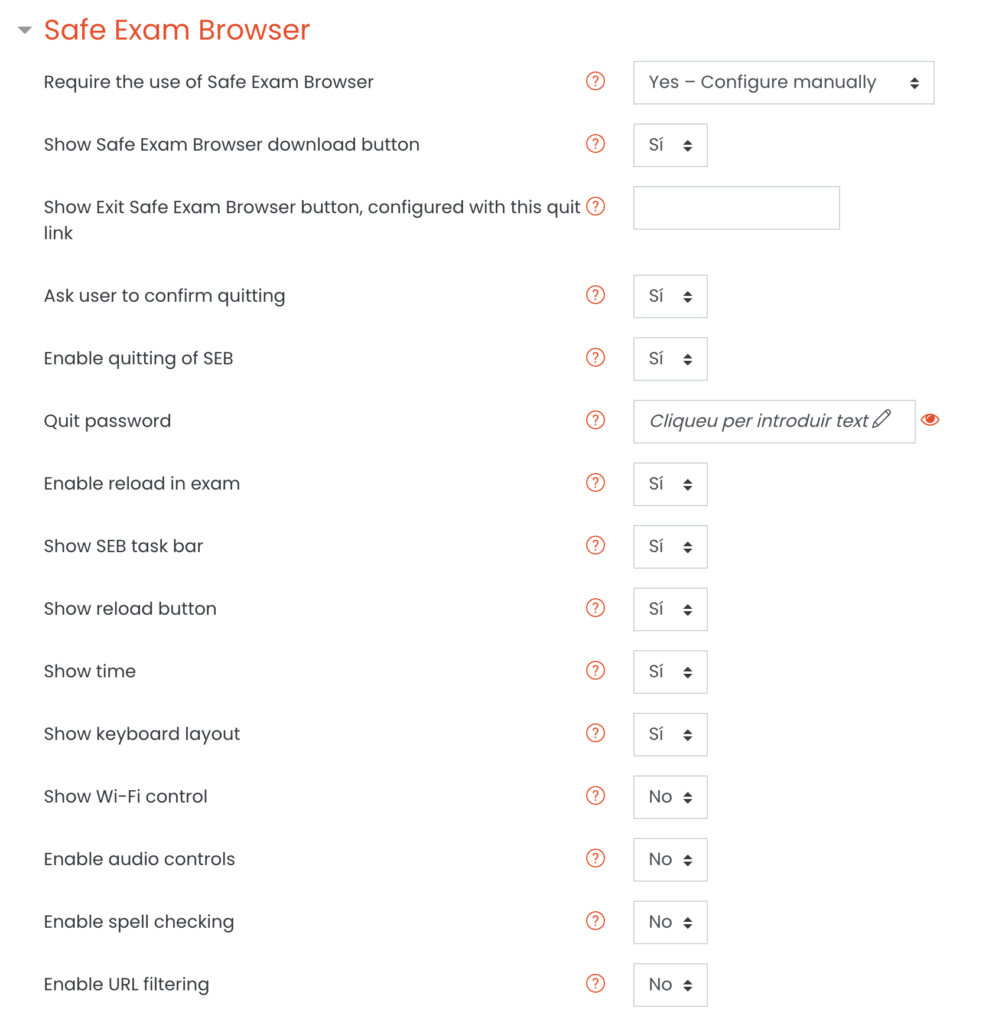 Llistat de configuracions que l'administrador pot canviar.